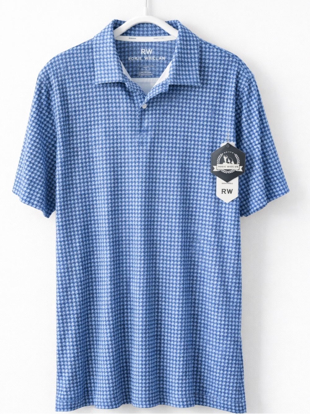 Rorie Whelan Blue Geometric Golf Polo Shirt NWT Breathable Performance Size S